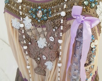 Wearable art dress, alternative boho dresses, beaded dress, art to wear, hand embellished