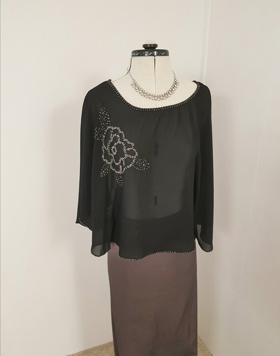 beaded black top, STUNNING beadwork, big sleeves,