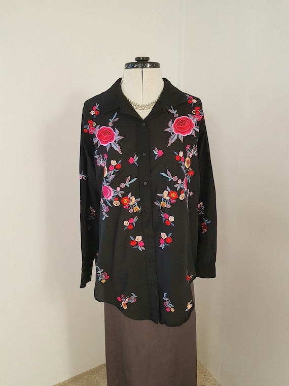 black embroidered shirt, INCREDIBLE floral embroid