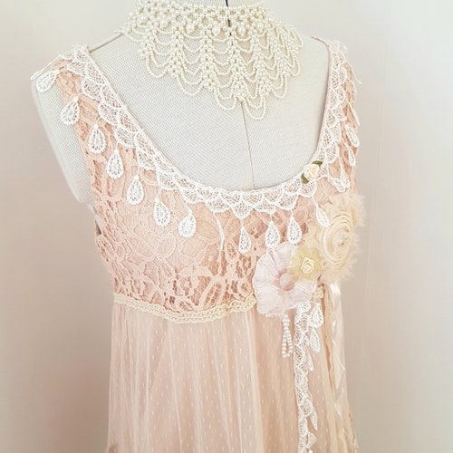 Bohemian dress, romantic boho, all lace, art to wear, popular wearable art, beige lace