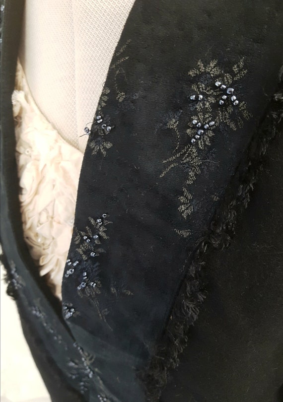 Fall winter jacket, XL black fringed shrug, lightweight black top, 3/4 sleeve jacket, black beaded bolero