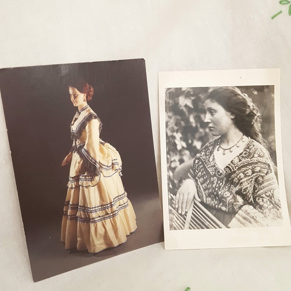 Two vintage  postcards, museum of costume bath, 1880s dresses, Julia Margaret cameron