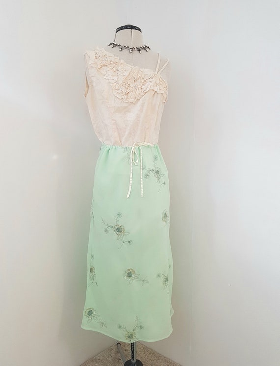 green evening skirt, light green, metallic embroid