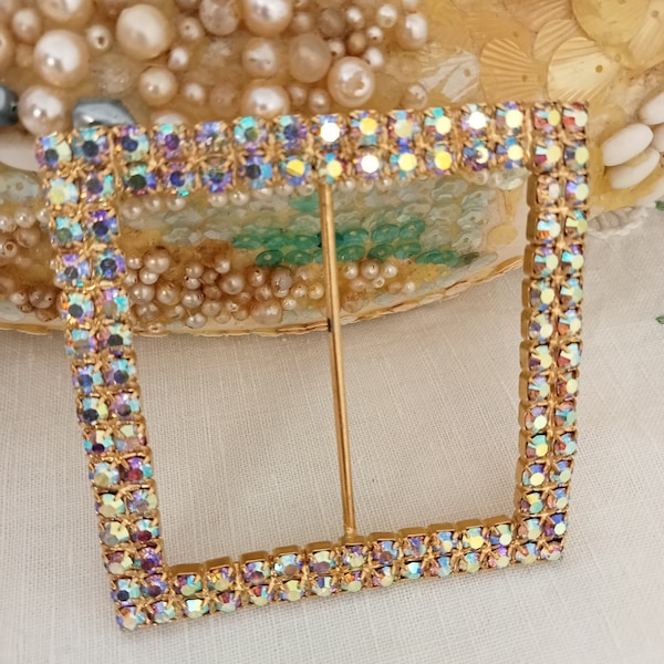 HUGE rhinestone buckle, slide in,  AB diamantes, goldtone metal, dress accessory