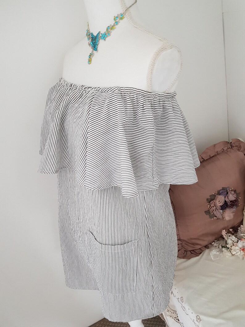 tunic patch pockets 90s off shoulder smock fine pinstripe womens smock top