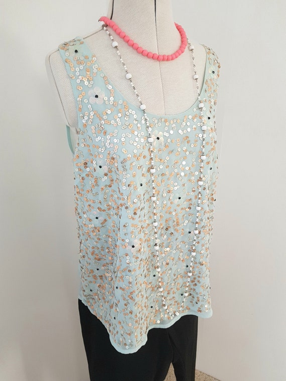 pale blue sequin top, evening tank, gold silver, … - image 1