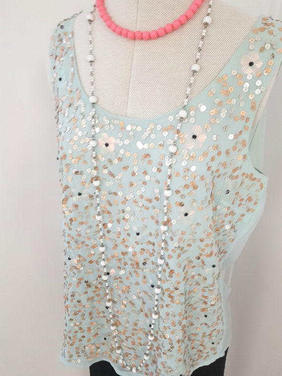 pale blue sequin top, evening tank, gold silver, … - image 4