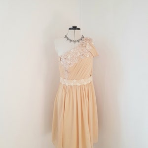 May include: A one-shoulder peach-coloured dress with a lace overlay and a white satin belt. The dress has a fitted bodice and a flowing skirt.