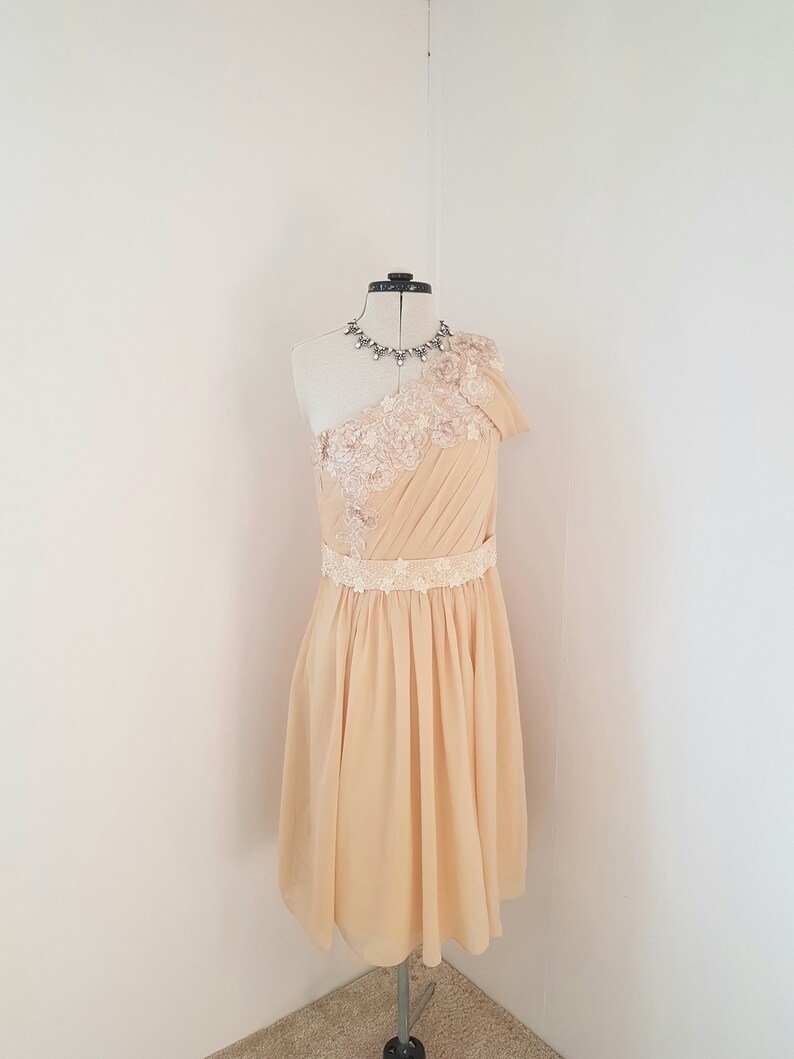 May include: A one-shoulder peach-coloured dress with a lace overlay and a white satin belt. The dress has a fitted bodice and a flowing skirt.