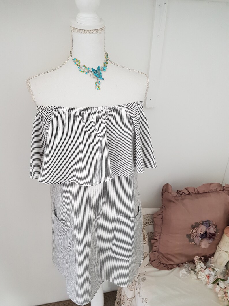 tunic patch pockets 90s off shoulder smock fine pinstripe womens smock top