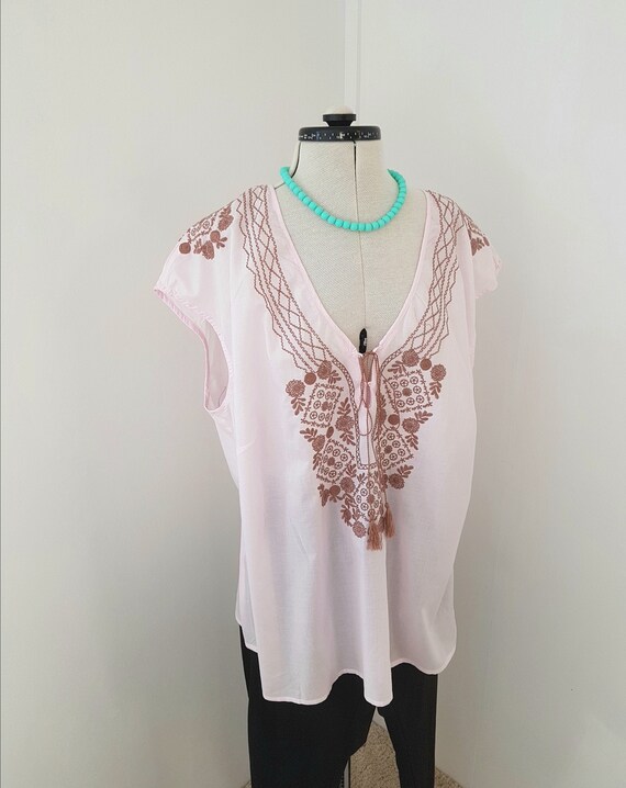 large size blouse, pale pink summer top, embroider