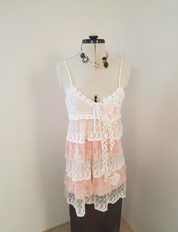 Handmade Lace Top, Vintage Flowers, Long Lace Layered Cami, Lace