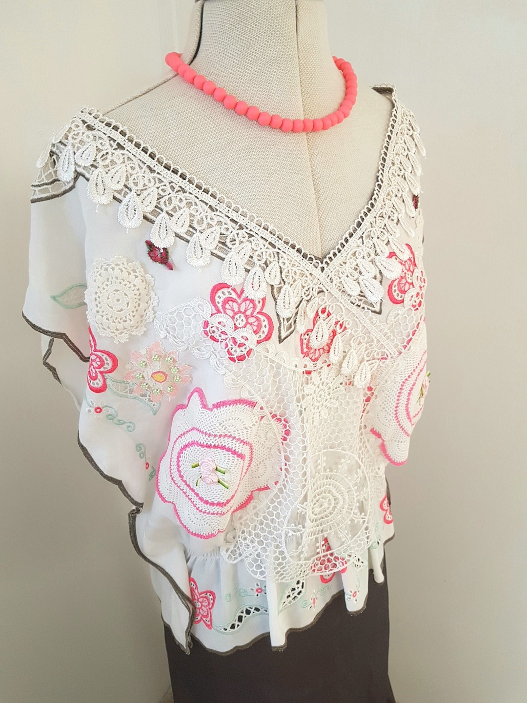Wearable Art Top White Lace Blouse Pink Floral Romantic Etsy Australia