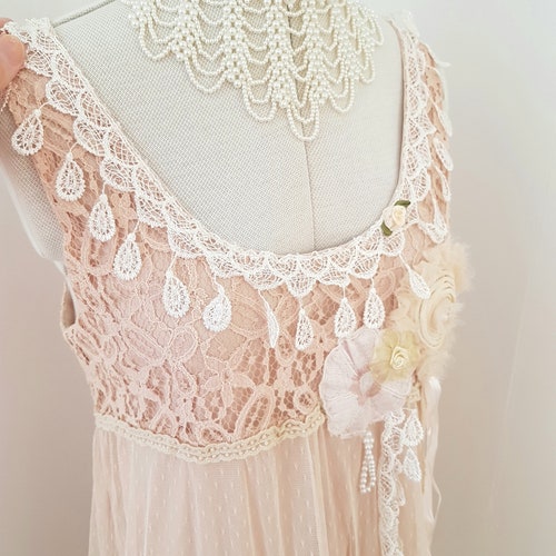 Bohemian dress, romantic boho, all lace, art to wear, popular wearable art, beige lace
