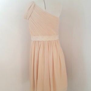 May include: A one-shoulder, light beige chiffon dress with a lace waistband. The dress has a flowing skirt and a fitted bodice.