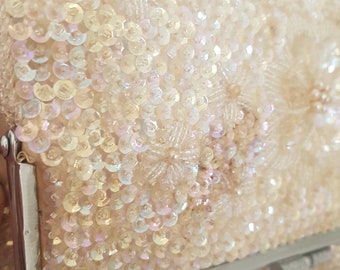 Vintage 50s bags, fold over clutch, beige sequins beads, cocktail glamour, TLC