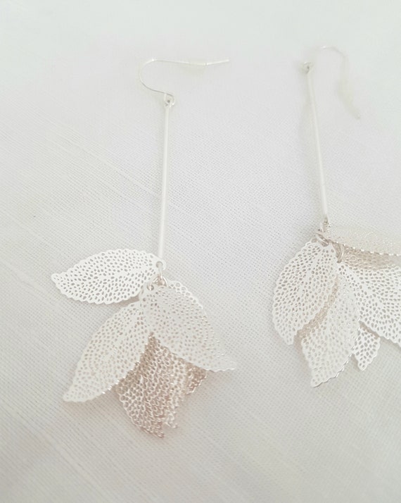 Long silver leaf earrings, silvertone dangle earr… - image 5