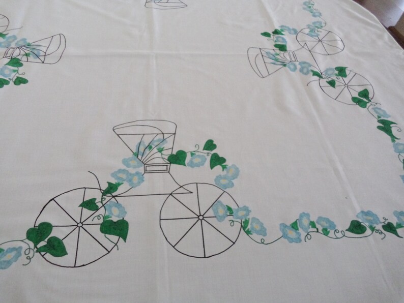 victorian carriage vintage tablecloth 80s square tablecloth ladies high tea ivy tablecloth floral tablecloth hand painted cloth