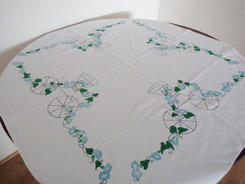 victorian carriage vintage tablecloth 80s square tablecloth ladies high tea ivy tablecloth floral tablecloth hand painted cloth