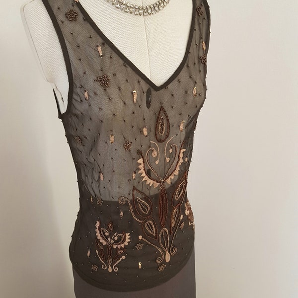 brown beaded tank, sheer tulle top with embroidery, beads vacation resort