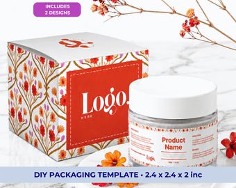 Coral Floral Damask  Box Template | Small Business Packaging, SVG, PDF, Canva | 2.4x2.4x2 in | Digital Download