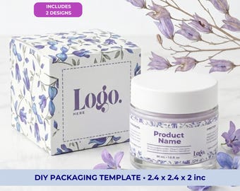 Blue Purple Watercolor Flower Box Template Small Business Packaging, SVG, PDF, Canva | 2.4x2.4x2 in | Digital Download