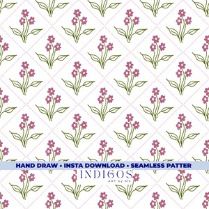 May include: A seamless pattern featuring hand-drawn pink flowers with green stems and leaves, arranged in a grid on a white background. The design includes a subtle pink dotted grid pattern. The text "HAND DRAW • INSTA DOWNLOAD • SEAMLESS PATTERN" is at the bottom.