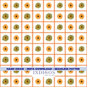 Könnte beinhalten: Nahtloses Muster mit orangefarbenen und grünen gänseblümchenartigen Blumen auf weißem Hintergrund mit einem orangefarbenen Karomuster. Der Text "HAND DRAW • INSTA DOWNLOAD • SEAMLESS PATTERN" wird unten zusammen mit dem Markennamen "INDIGOS ART BY MS" angezeigt.