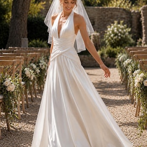 Silk Halter Wedding Dress, Ruched Waist, Open Back Bridal Gown