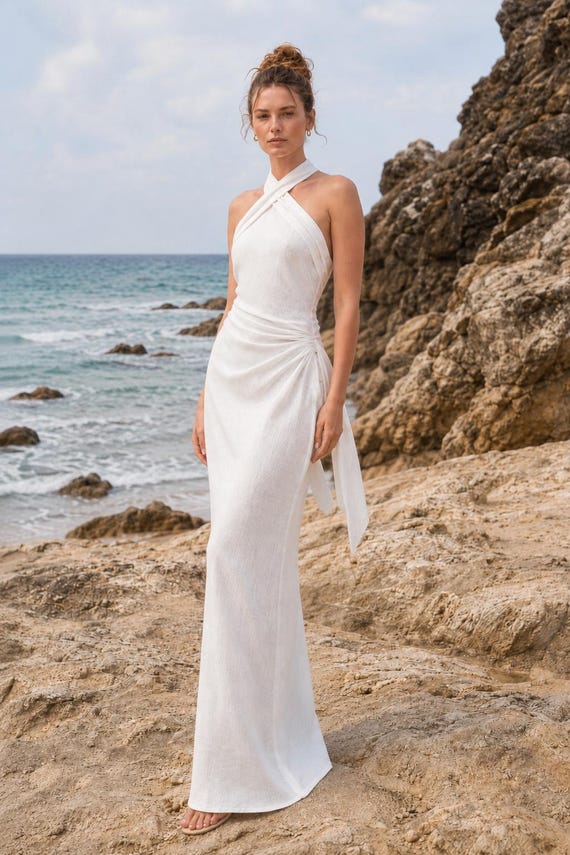 beach halter neck wedding dress Dresses champagne detachable skirt wedding dress Beach Wedding Dresses tagged
