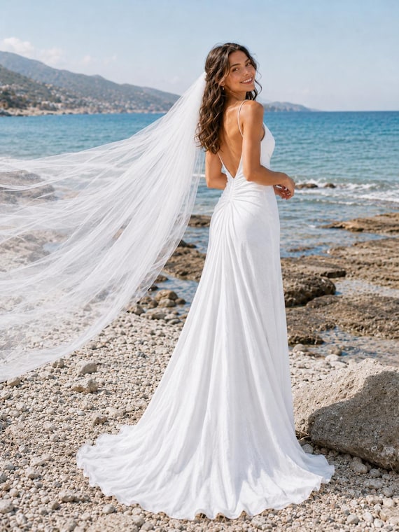 beach elopement wedding dress Linen Dress, Cowl Neck Open Back Bridal Gown, Zipper Back Embellishment Dress with Train One Shoulder Chiffon Cape Colour:Dark Grey