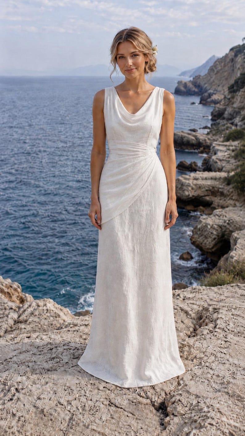 K&ouml;nnte beinhalten: Ein &auml;rmelloses, bodenlanges wei&szlig;es Kleid mit einem drapierten Wasserfallausschnitt. Das Kleid hat ein figurbetontes Oberteil mit einem gewickelten Detail an der Taille und einen flie&szlig;enden Rock. Das Model steht auf einer felsigen Klippe mit Blick auf das Meer.