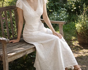 Handmade Linen Lace Dress, Romantic Cottagecore Boho Summer Midi