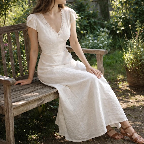 Handmade Linen Lace Dress, Romantic Cottagecore Boho Summer Midi