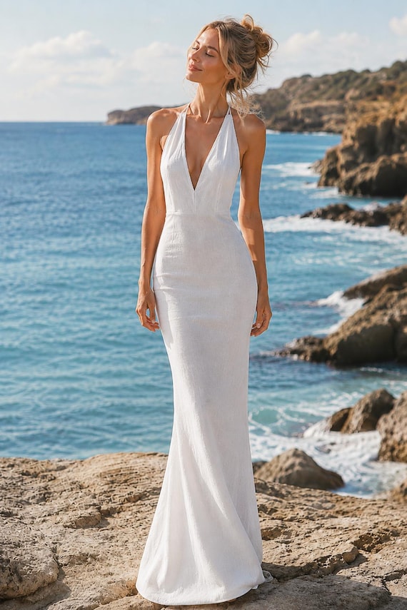 halter style beach wedding dresses Pure Linen Mermaid Dress, Open Back Bridal Gown truefit:root:best-interest-long-sleeve-mini-dress-black rose gold dress: Dresses Size:Age 5/6 With a sleek halter