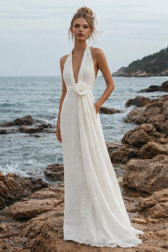 Pure Linen Halter Wedding Dress, Boho Beach Bridal Gown, Backless Maxi Style