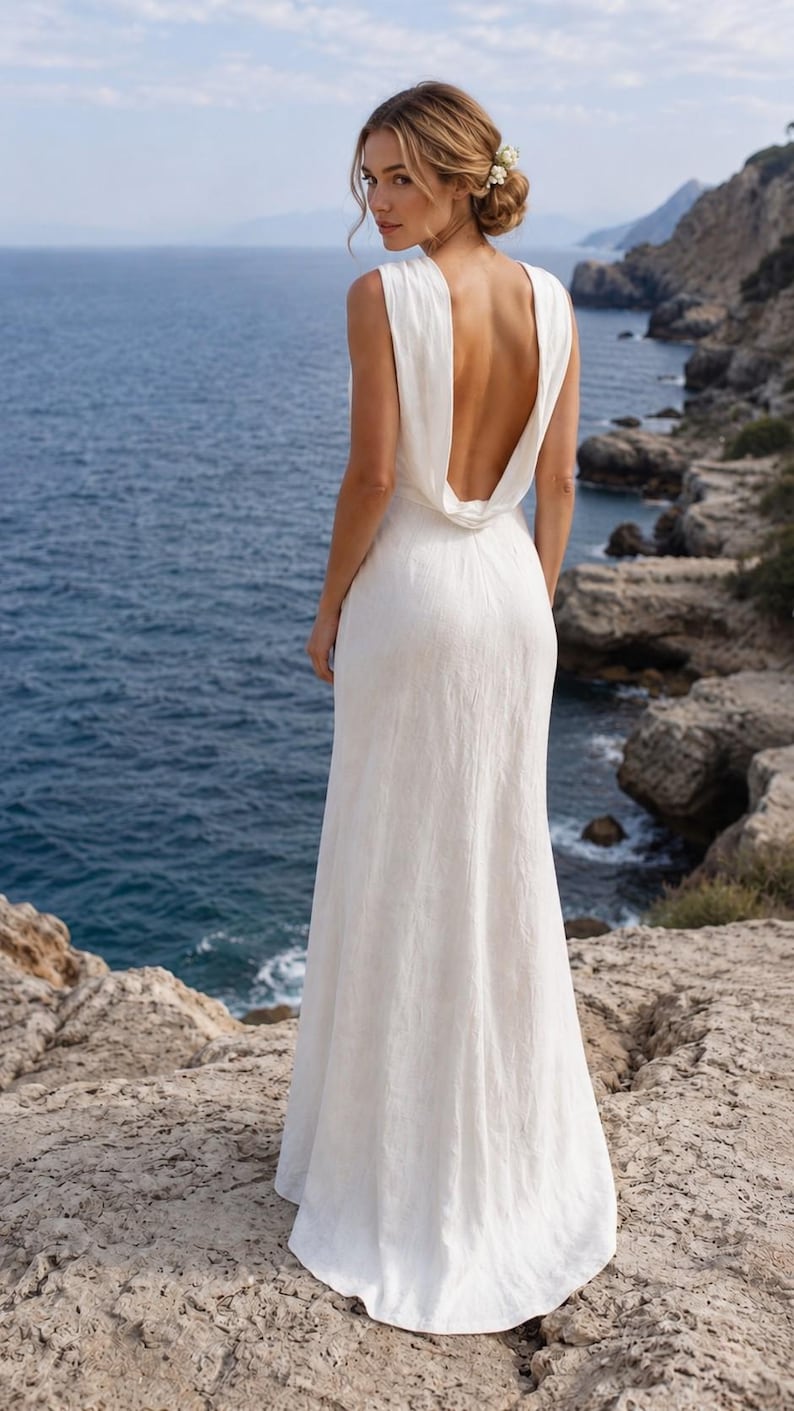 K&ouml;nnte beinhalten: Ein wei&szlig;es, &auml;rmelloses, bodenlanges Kleid mit tiefem, offenem R&uuml;cken. Das Kleid ist aus flie&szlig;endem Stoff gefertigt und wird im Freien am Meer getragen. Das Model hat blondes Haar und schaut &uuml;ber die Schulter.