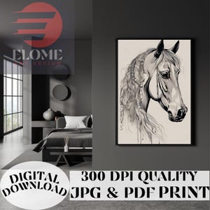 Boho Horse Sketch Print: Black and White Equine Art (Digital Download