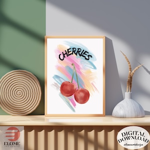 Modern Cherry Wall Art - Colorful Fruit Kitchen Decor, Watercolor Cherry Poster, Digital Download Food Art, Printable Cherry Print