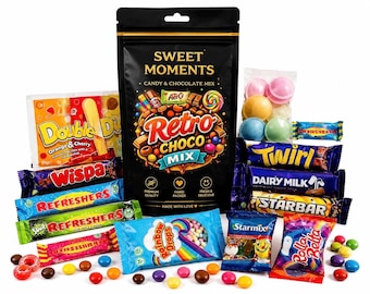 Bolsa de regalo Retro Choco Mix – Surtido de dulces retro - Cesta de selección de chocolates – Dulces - Paquete para compartir de chocolates variados – Cumpleaños, Noche de cine