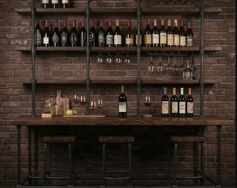 Industrial Pipe Bar Table with Wood Shelves, Rustic Restaurant Style