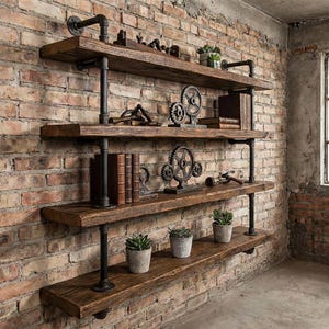 May include: Industrial-style wall shelves made of reclaimed wood and black metal pipes. The shelves are mounted on a brick wall and decorated with small plants, books, and metal gears. A rustic and functional storage solution.
