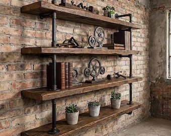 4 Tiers Industrial Style | Wall Shelve | Wall shelf unit made of round iron pipes and solid wood Free Shipping to US Continental !