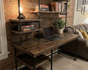 Industrial style computer desk-shelve book case wall shelve unit made of round iron pipes and solid wood Free Shipping to US Continental !