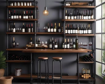 Industrial Pipe & Wood Bar Table with Shelves, Rustic Restaurant Style
