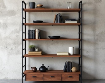 Industrial Style Wood Bookcase with Iron Pipes & Drawers