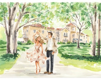 Watercolor Couple Portrait - Bride Groom Engagement Wedding Bridesmaid Sketch Engagement Fashion Family Original Watercolor Painting Drawing