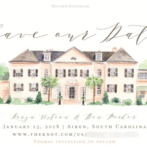 Conception d'invitation de mariage - Illustration aquarelle de lieu - Custom House Portrait, invitation, faire-part de fiançailles, peinture originale