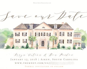 Wedding Invite Design - Watercolor Venue Illustration - Custom House Portrait, Invite, Engagement Announcement, Original Painting