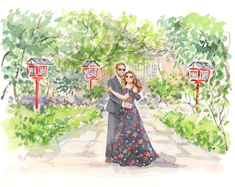 Watercolor Save the Date Portrait - Custom illustration, Wedding, Couple, Bride Groom, Engagement Announcement, Painting, Drawing, Art